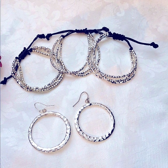 NWOT 3 Express Silver Bead Bracelets Hammered Hoop - Picture 7 of 8